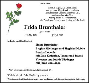 Traueranzeige von Frida Brunthaler von Neue Osnabrücker Zeitung GmbH & Co. KG