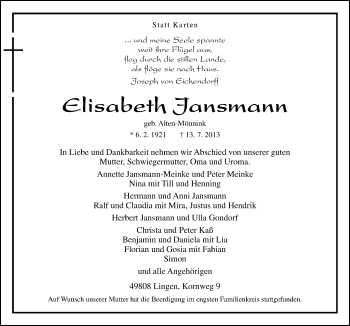 Traueranzeige von Elisabeth Jansmann von Neue Osnabrücker Zeitung GmbH & Co. KG