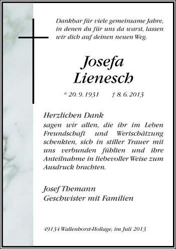 Traueranzeige von Josefa Lienesch von Neue Osnabrücker Zeitung GmbH & Co. KG