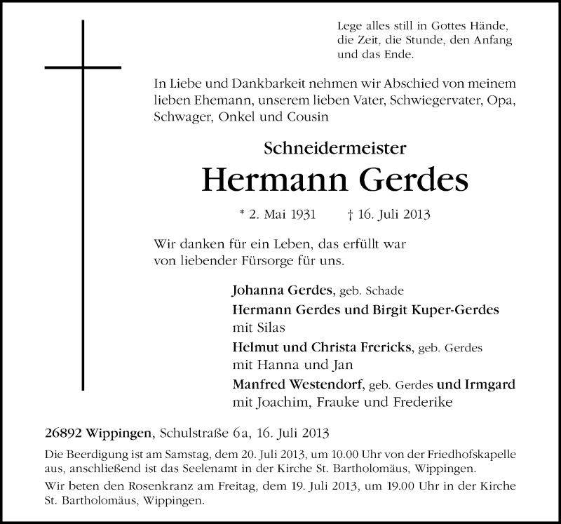  Traueranzeige für Hermann Gerdes vom 18.07.2013 aus Neue Osnabrücker Zeitung GmbH & Co. KG