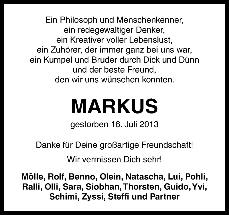 Traueranzeige für Markus Schulke vom 18.07.2013 aus Neue Osnabrücker Zeitung GmbH & Co. KG