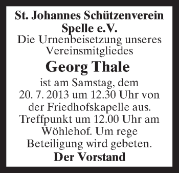 Traueranzeige von Georg Thale von Neue Osnabrücker Zeitung GmbH & Co. KG