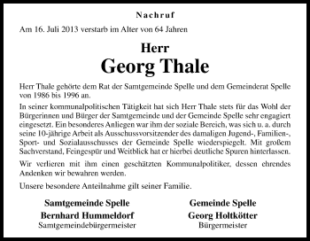 Traueranzeige von Georg Thale von Neue Osnabrücker Zeitung GmbH & Co. KG