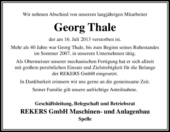 Traueranzeige von Georg Thale von Neue Osnabrücker Zeitung GmbH & Co. KG