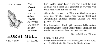 Traueranzeige von Horst Mell von Neue Osnabrücker Zeitung GmbH & Co. KG