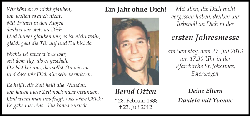  Traueranzeige für Bernd Otten vom 25.07.2013 aus Neue Osnabrücker Zeitung GmbH & Co. KG