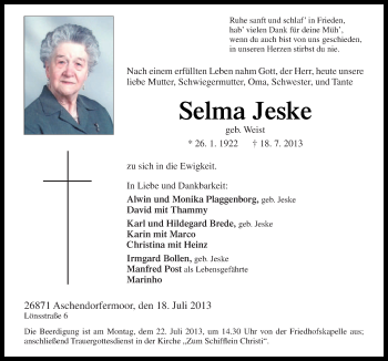 Traueranzeige von Selma Jeske von Neue Osnabrücker Zeitung GmbH & Co. KG