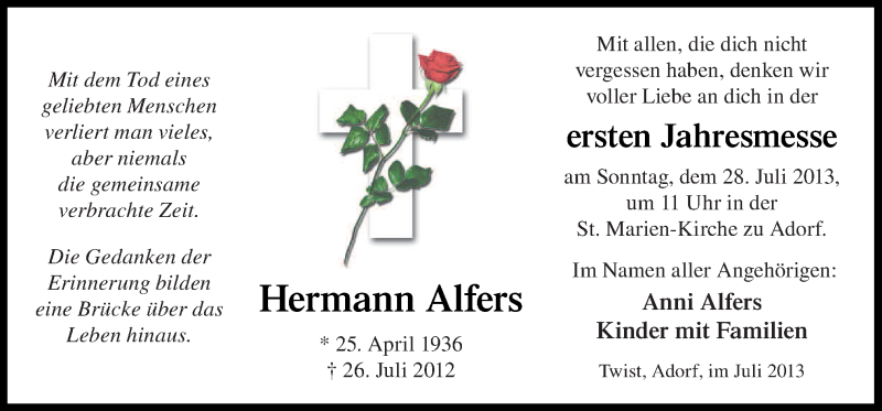  Traueranzeige für Hermann Alfers vom 26.07.2013 aus Neue Osnabrücker Zeitung GmbH & Co. KG