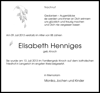 Traueranzeige von Elisabeth Henniges von Neue Osnabrücker Zeitung GmbH & Co. KG