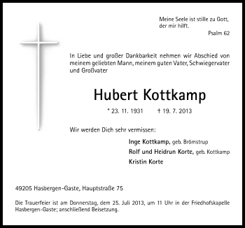 Traueranzeige von Hubert Kottkamp von Neue Osnabrücker Zeitung GmbH & Co. KG