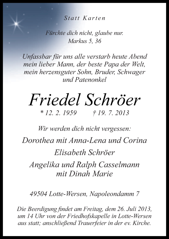  Traueranzeige für Friedel Schröer vom 23.07.2013 aus Neue Osnabrücker Zeitung GmbH & Co. KG