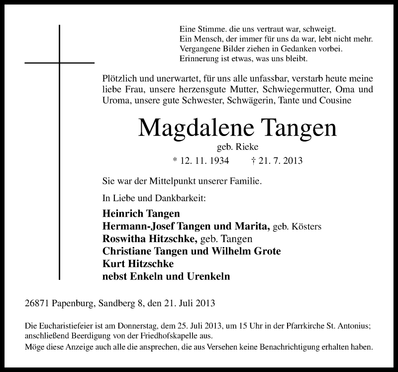  Traueranzeige für Magdalene Tangen vom 23.07.2013 aus Neue Osnabrücker Zeitung GmbH & Co. KG