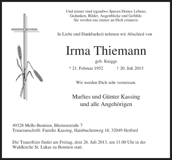 Traueranzeige von Irma Thiemann von Neue Osnabrücker Zeitung GmbH & Co. KG