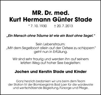 Traueranzeige von Kurt Hermann Günter Stade von Neue Osnabrücker Zeitung GmbH & Co. KG
