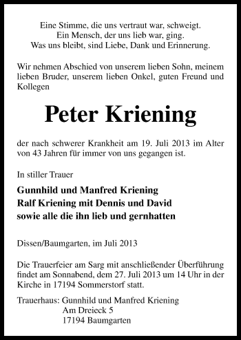 Traueranzeige von Peter Kriening von Neue Osnabrücker Zeitung GmbH & Co. KG