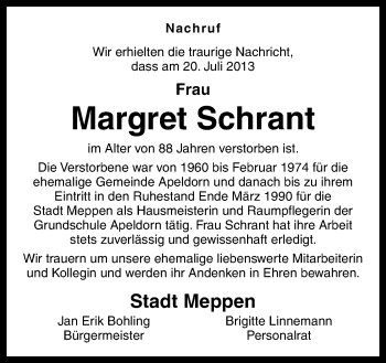 Traueranzeige von Margret Schrant von Neue Osnabrücker Zeitung GmbH & Co. KG