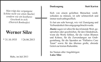 Traueranzeige von Werner Silze von Neue Osnabrücker Zeitung GmbH & Co. KG