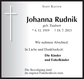 Traueranzeige von Johanna Rudnik von Neue Osnabrücker Zeitung GmbH & Co. KG