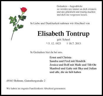 Traueranzeige von Elisabeth Tontrup von Neue Osnabrücker Zeitung GmbH & Co. KG
