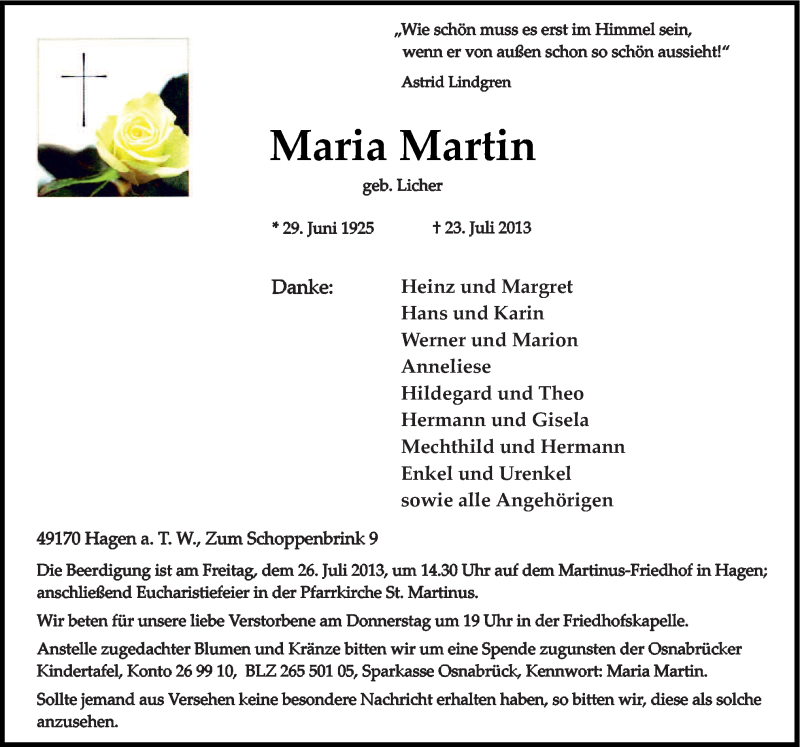  Traueranzeige für Maria Martin vom 25.07.2013 aus Neue Osnabrücker Zeitung GmbH & Co. KG