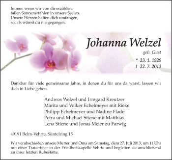 Traueranzeige von Johanna Welzel von Neue Osnabrücker Zeitung GmbH & Co. KG