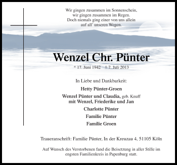 Traueranzeige von Wenzel Pünter von Neue Osnabrücker Zeitung GmbH & Co. KG