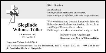 Traueranzeige von Sieglinde Wilmes-Töller von Neue Osnabrücker Zeitung GmbH & Co. KG