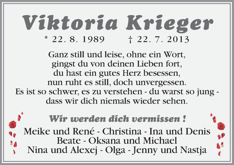  Traueranzeige für Viktoria Krieger vom 26.07.2013 aus Neue Osnabrücker Zeitung GmbH & Co. KG