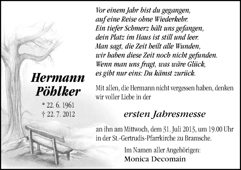  Traueranzeige für Hermann Pöhlker vom 27.07.2013 aus Neue Osnabrücker Zeitung GmbH & Co. KG