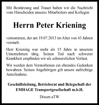 Traueranzeige von Peter Kriening von Neue Osnabrücker Zeitung GmbH & Co. KG