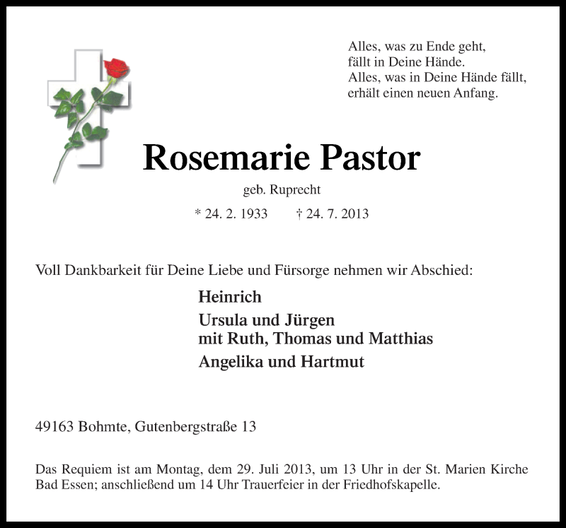  Traueranzeige für Rosemarie Pastor vom 26.07.2013 aus Neue Osnabrücker Zeitung GmbH & Co. KG