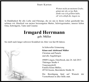 Traueranzeige von Irmgard Herrmann von Neue Osnabrücker Zeitung GmbH & Co. KG