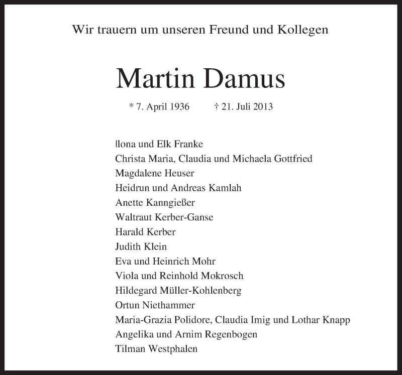  Traueranzeige für Martin Damus vom 27.07.2013 aus Neue Osnabrücker Zeitung GmbH & Co. KG