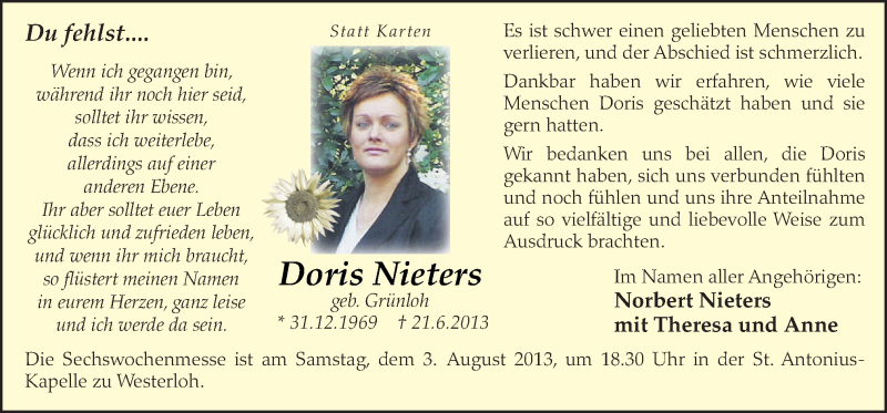  Traueranzeige für Doris Nieters vom 31.07.2013 aus Neue Osnabrücker Zeitung GmbH & Co. KG