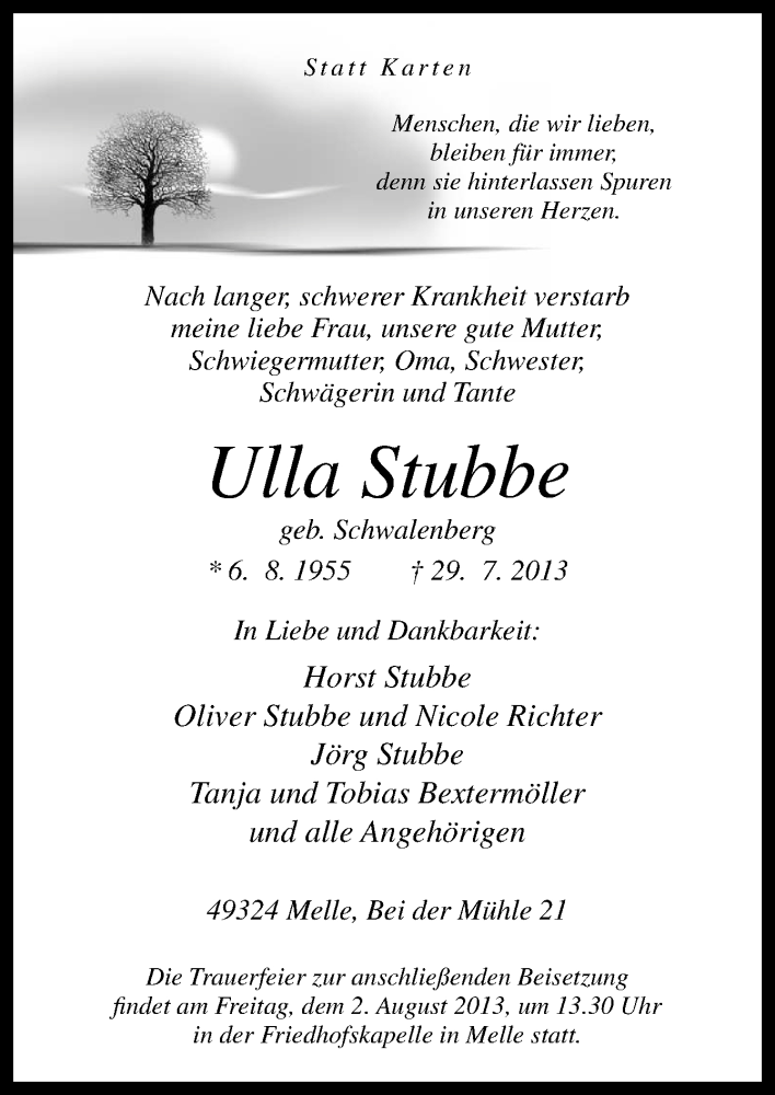  Traueranzeige für Ulla Stubbe vom 31.07.2013 aus Neue Osnabrücker Zeitung GmbH & Co. KG