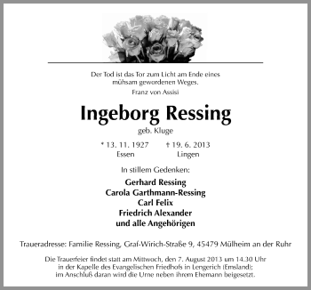 Traueranzeige von Ingeborg Ressing von Neue Osnabrücker Zeitung GmbH & Co. KG