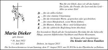 Traueranzeige von Maria Dieker von Neue Osnabrücker Zeitung GmbH & Co. KG