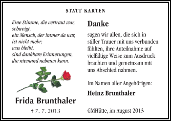 Traueranzeige von Frida Brunthaler von Neue Osnabrücker Zeitung GmbH & Co. KG