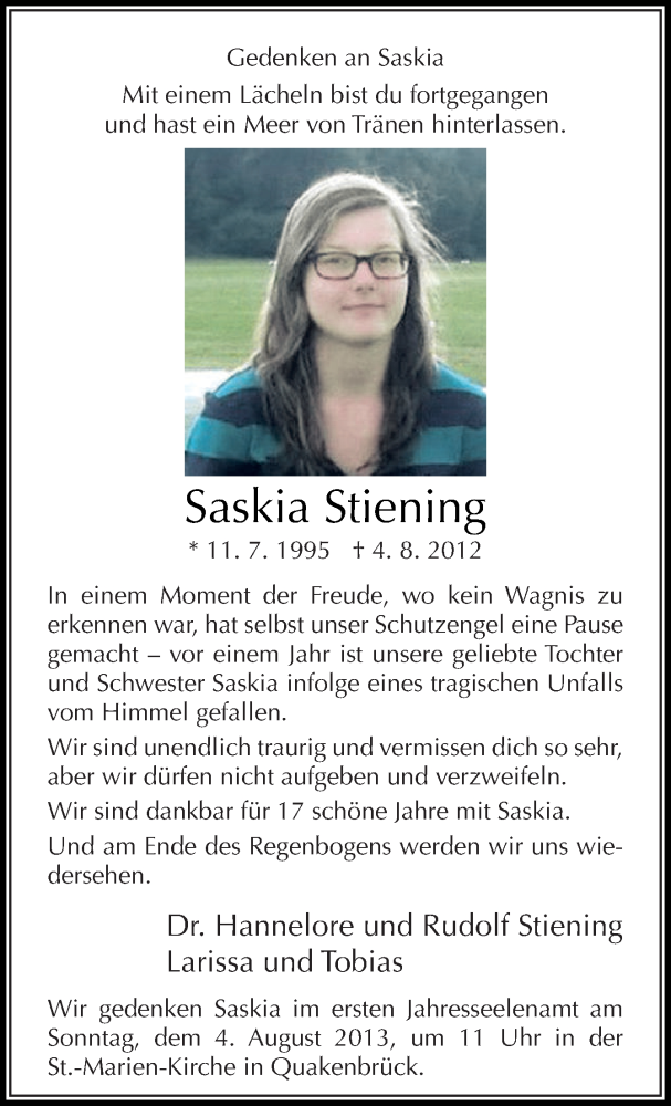  Traueranzeige für Saskia Stiening vom 03.08.2013 aus Neue Osnabrücker Zeitung GmbH & Co. KG