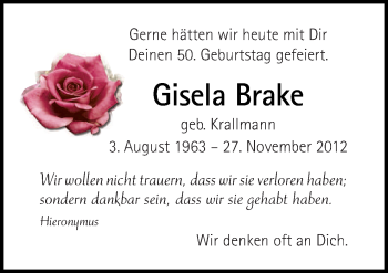 Traueranzeige von Gisela Brake von Neue Osnabrücker Zeitung GmbH & Co. KG