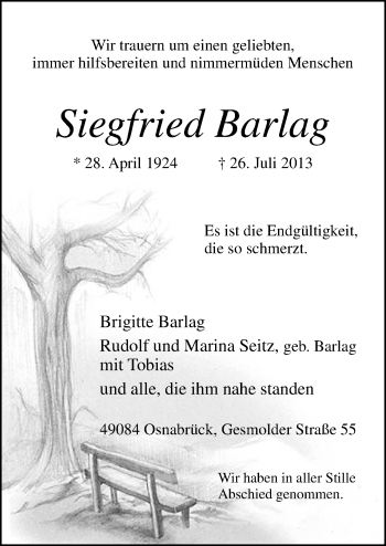 Traueranzeige von Siegfried Barlag von Neue Osnabrücker Zeitung GmbH & Co. KG