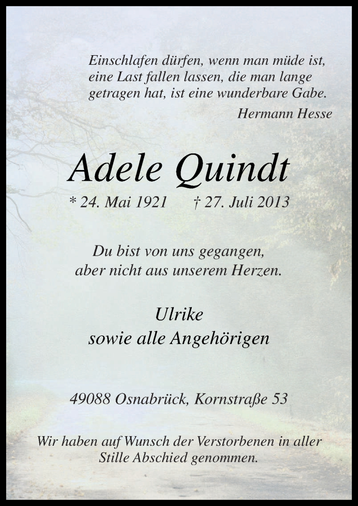  Traueranzeige für Adele Quindt vom 03.08.2013 aus Neue Osnabrücker Zeitung GmbH & Co. KG
