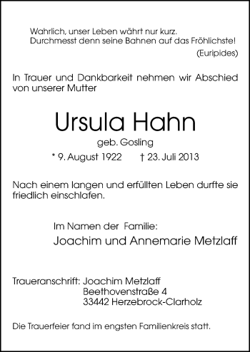 Traueranzeige von Ursula Hahn von Neue Osnabrücker Zeitung GmbH & Co. KG