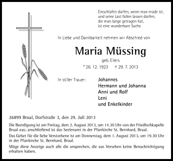 Traueranzeige von Maria Müssing von Neue Osnabrücker Zeitung GmbH & Co. KG