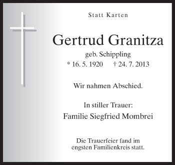 Traueranzeige von Gertrud Granitza von Neue Osnabrücker Zeitung GmbH & Co. KG