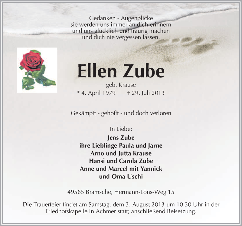  Traueranzeige für Ellen Zube vom 01.08.2013 aus Neue Osnabrücker Zeitung GmbH & Co. KG