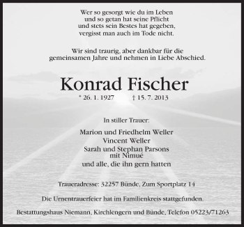 Traueranzeige von Konrad Fischer von Neue Osnabrücker Zeitung GmbH & Co. KG