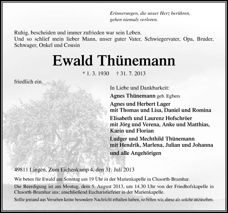  Traueranzeige für Ewald Thünemann vom 03.08.2013 aus Neue Osnabrücker Zeitung GmbH & Co. KG