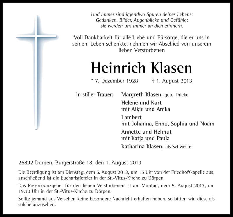  Traueranzeige für Heinrich Klasen vom 03.08.2013 aus Neue Osnabrücker Zeitung GmbH & Co. KG
