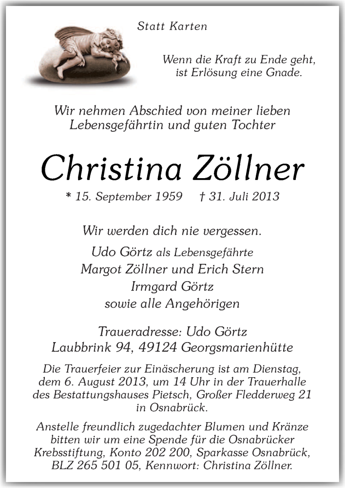  Traueranzeige für Christina Zöllner vom 03.08.2013 aus Neue Osnabrücker Zeitung GmbH & Co. KG